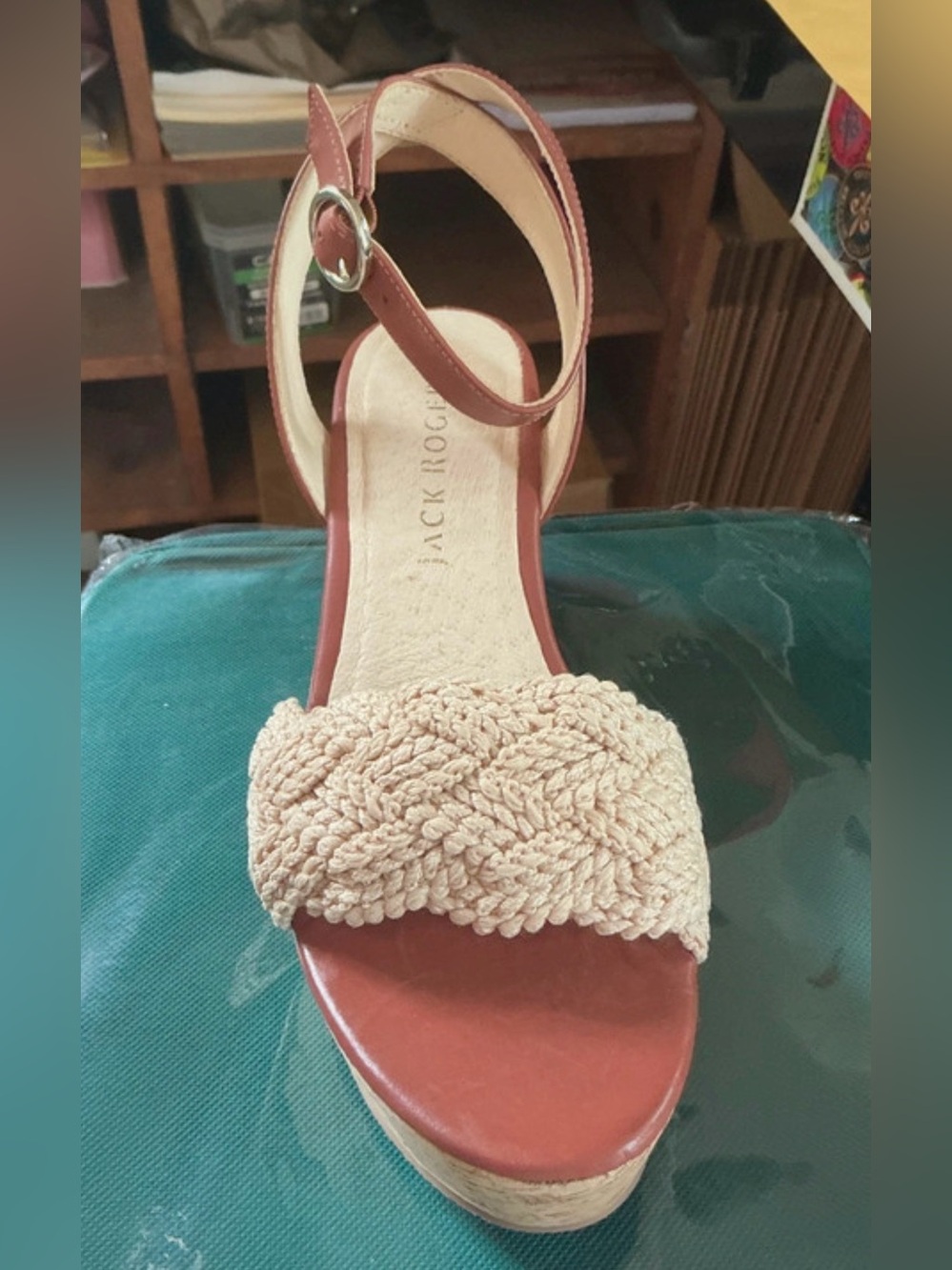 Jack Rogers Summer Beach Tan Leather Sandals with Natural Woven Strap wedges
